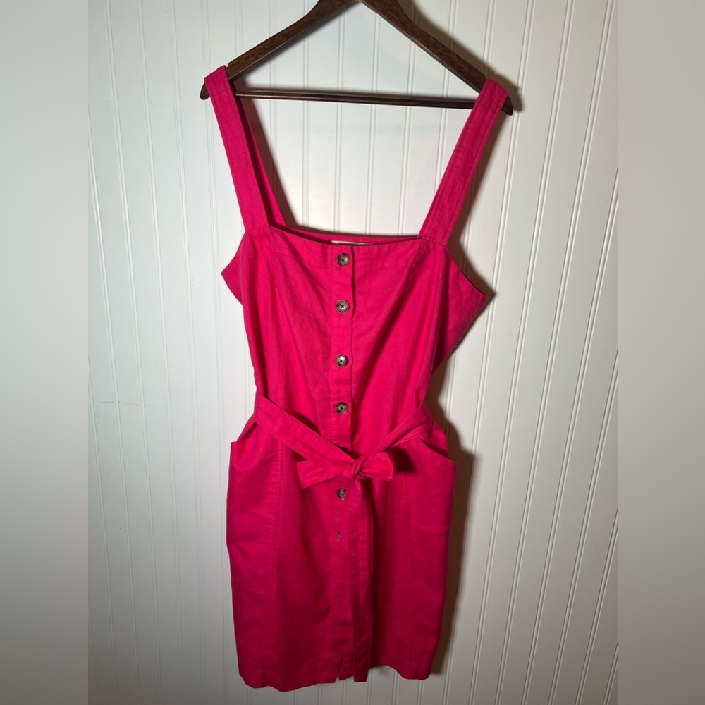 Sundress Jumper Linen/Cotton Blend by Loft Size 14 Bright Pink Button Front